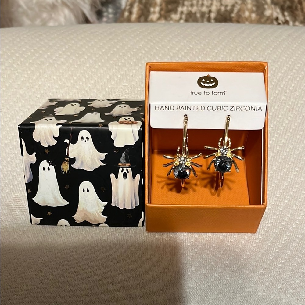 True to Form Hand painted Spider Earrings Gold Tone with Cubic Zirconia Hoops